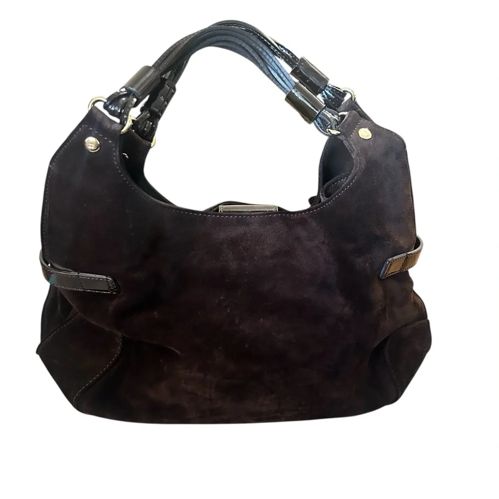 kate spade dark brown suede hobo with patent trim